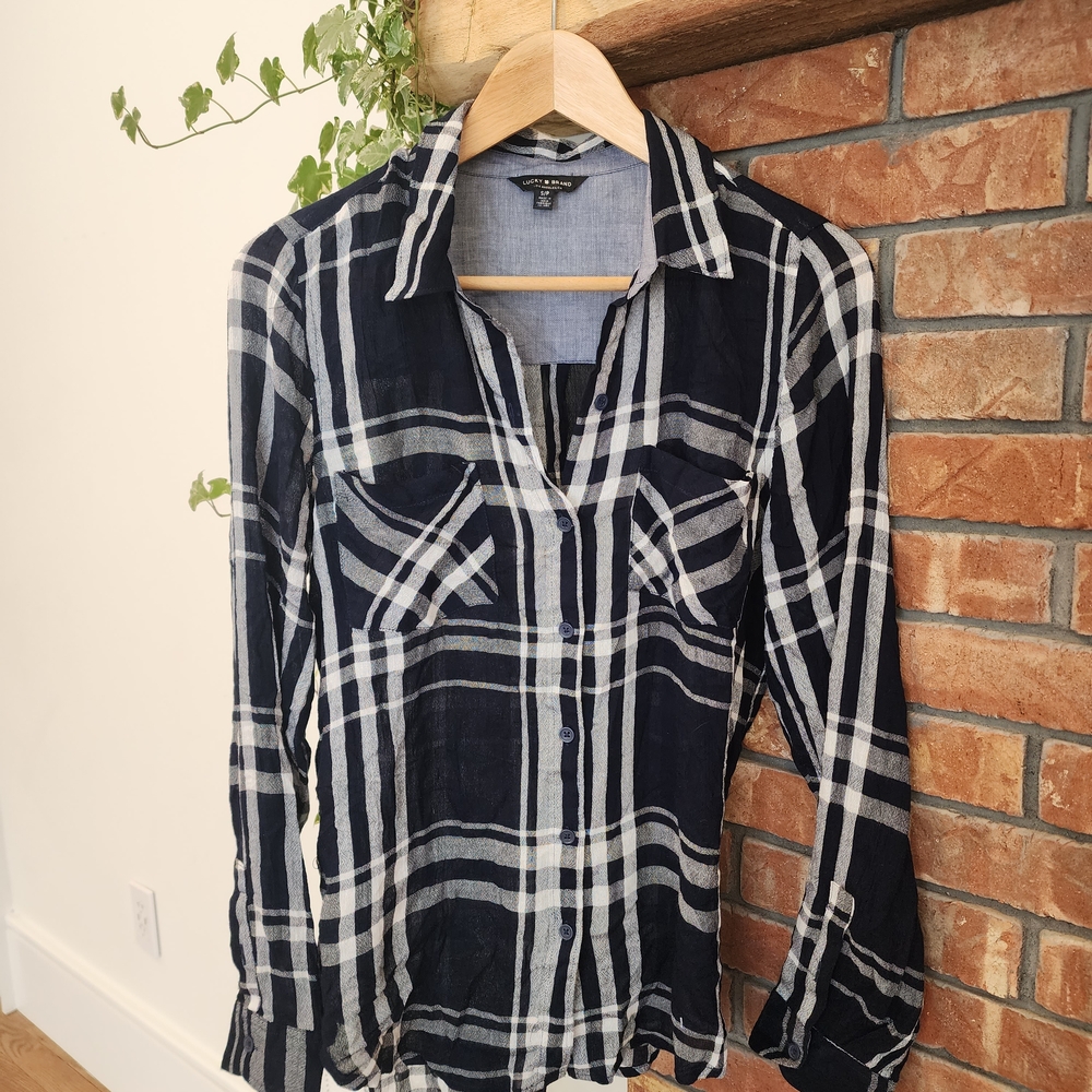 Lucky Brand Navy Blue and White Plaid Shirt